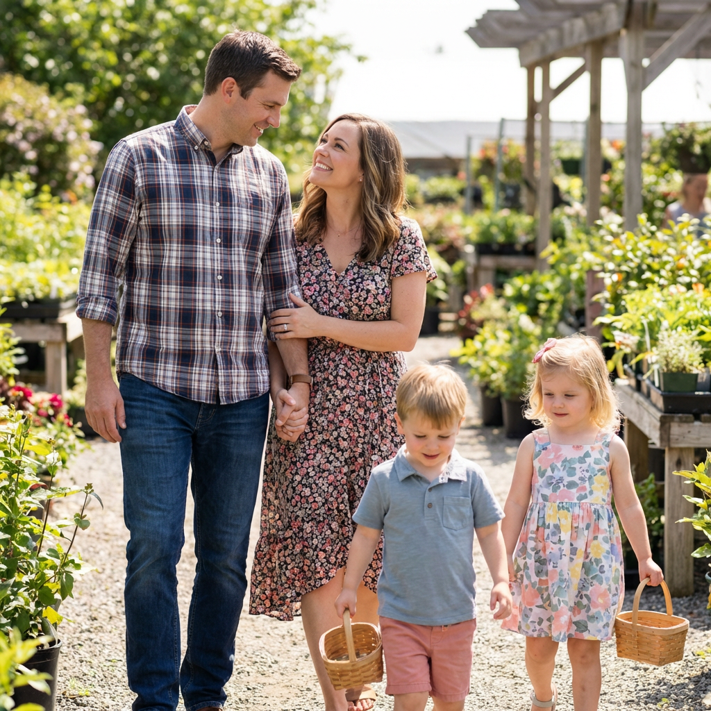 A family of four walks through an outdoor nursery with children carrying small baskets.