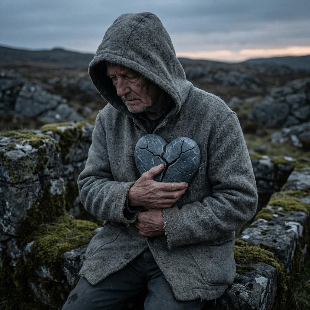 Man in a hooded jacket sitting outdoors and holding a cracked stone heart.